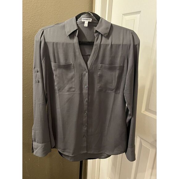 Express Top Shirt Women Medium Gray ‎ Sheer Button Long Sleeve Career - Picture 1 of 5